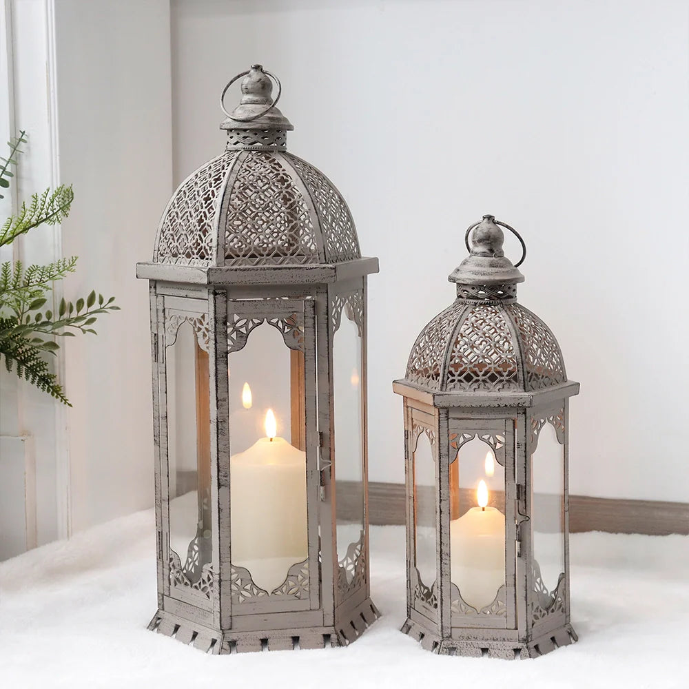 Set of 2-22"&17"H Vintage Metal Candle Lanterns(Grey with Black Brush)-0