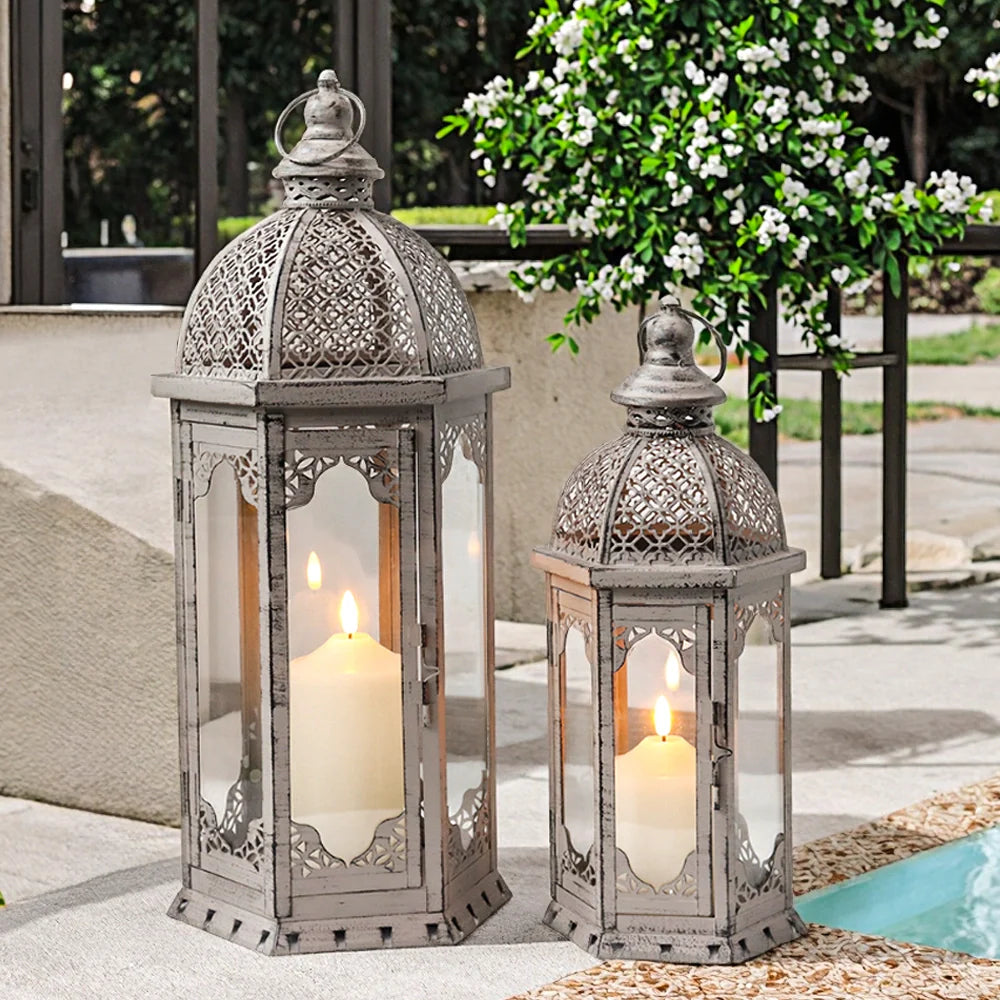 Set of 2-22"&17"H Vintage Metal Candle Lanterns(Grey with Black Brush)-1