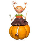 Decorative figurine of a girl with orange hair sitting on a pumpkin against a white background known as Prissy Pumpkin Eater Figurine by Lori Mitchell