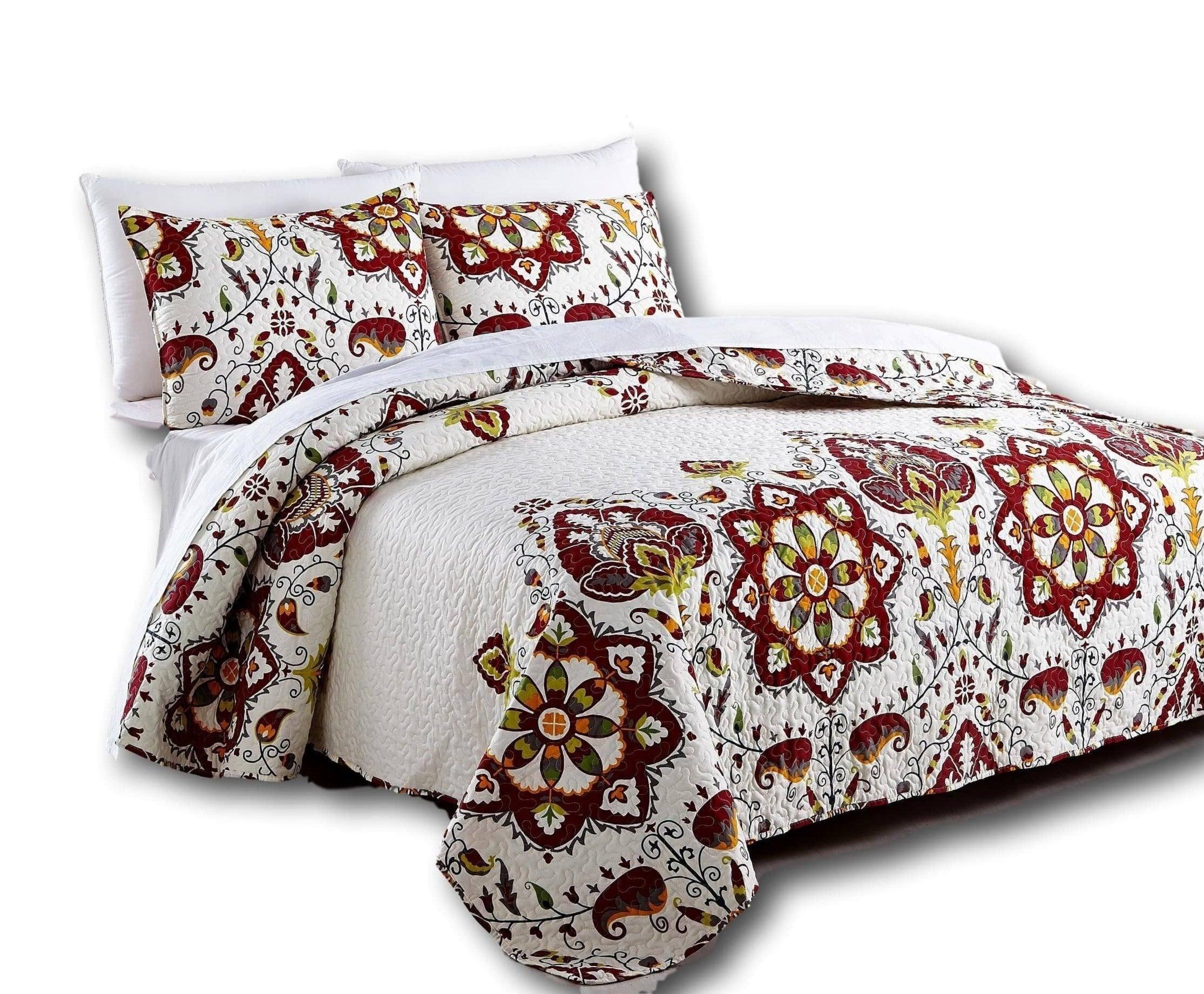 DaDa Bedding Casablanca Garden Mediterranean Floral Red & White Quilted Bedspread Set (HS-11130)-0