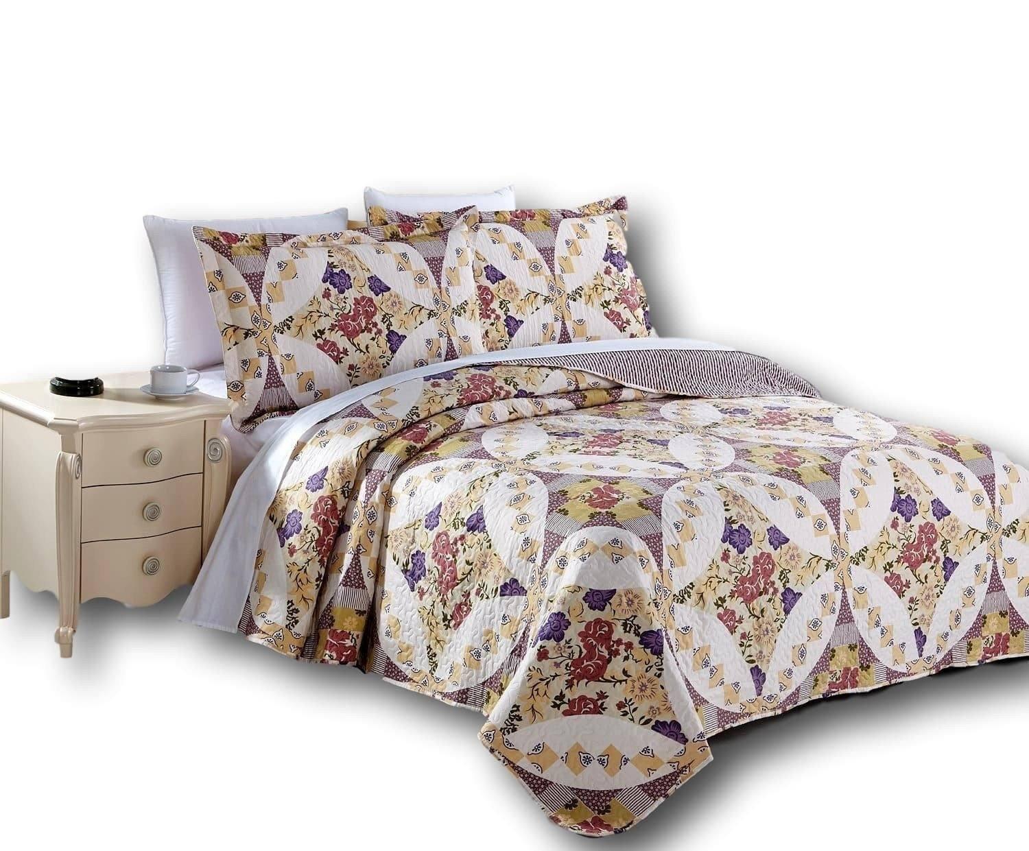 DaDa Bedding Wisteria Cottage Roses Floral Lightweight Quilted Bedspread Set (HS-1003)-0