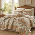 DaDa Bedding Bohemian Floral Paisley Garden Coral Teal Quilted Bedspread Set (LH1403)-0