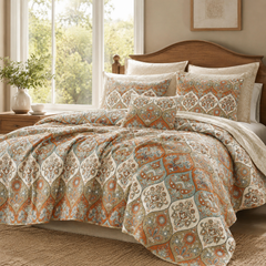 DaDa Bedding Bohemian Floral Paisley Garden Coral Teal Quilted Bedspread Set (LH1403)-0