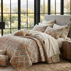 DaDa Bedding Bohemian Floral Paisley Garden Coral Teal Quilted Bedspread Set (LH1403)-4