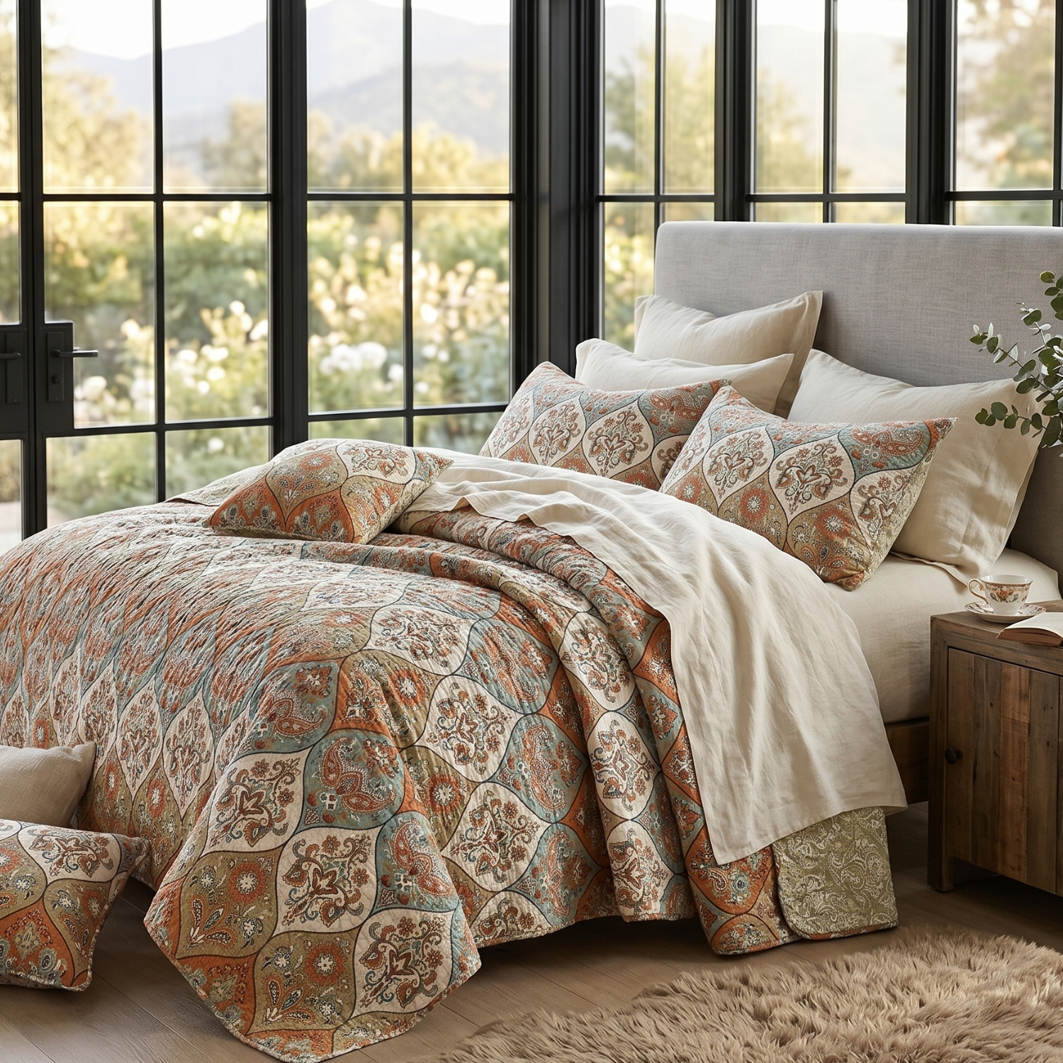 DaDa Bedding Bohemian Floral Paisley Garden Coral Teal Quilted Bedspread Set (LH1403)-4