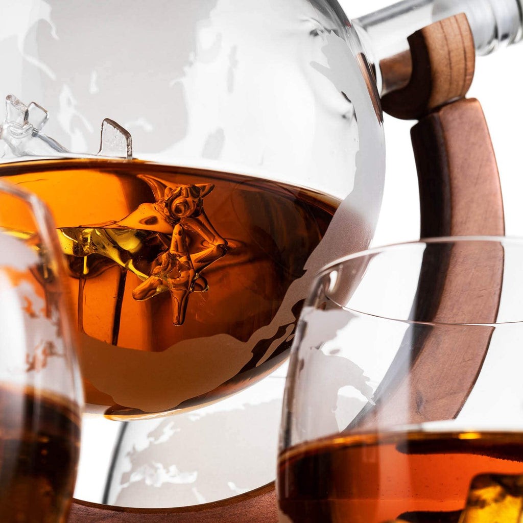 Etched World Decanter Whiskey Globe With Antique Airplane Inside-3