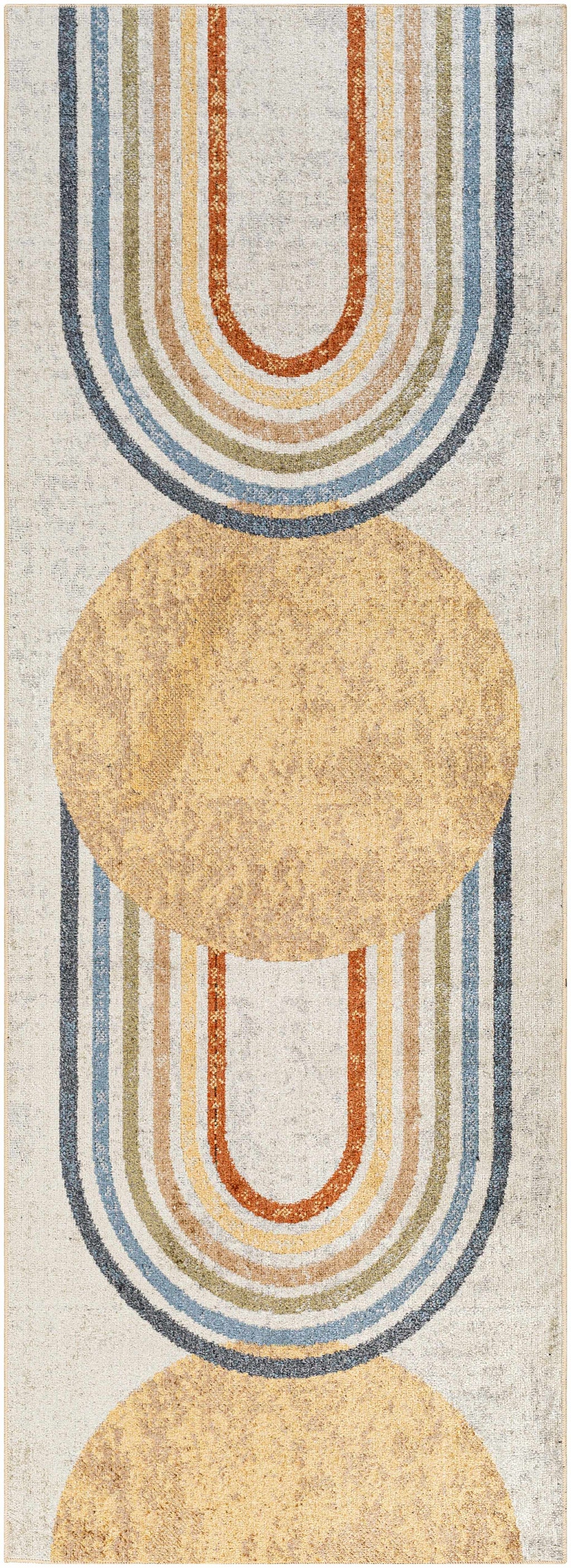 Giza Contemporary Washable Multicolor Rainbow Rug Runner with geometric design featuring concentric circles in beige, brown, and blue on a beige background