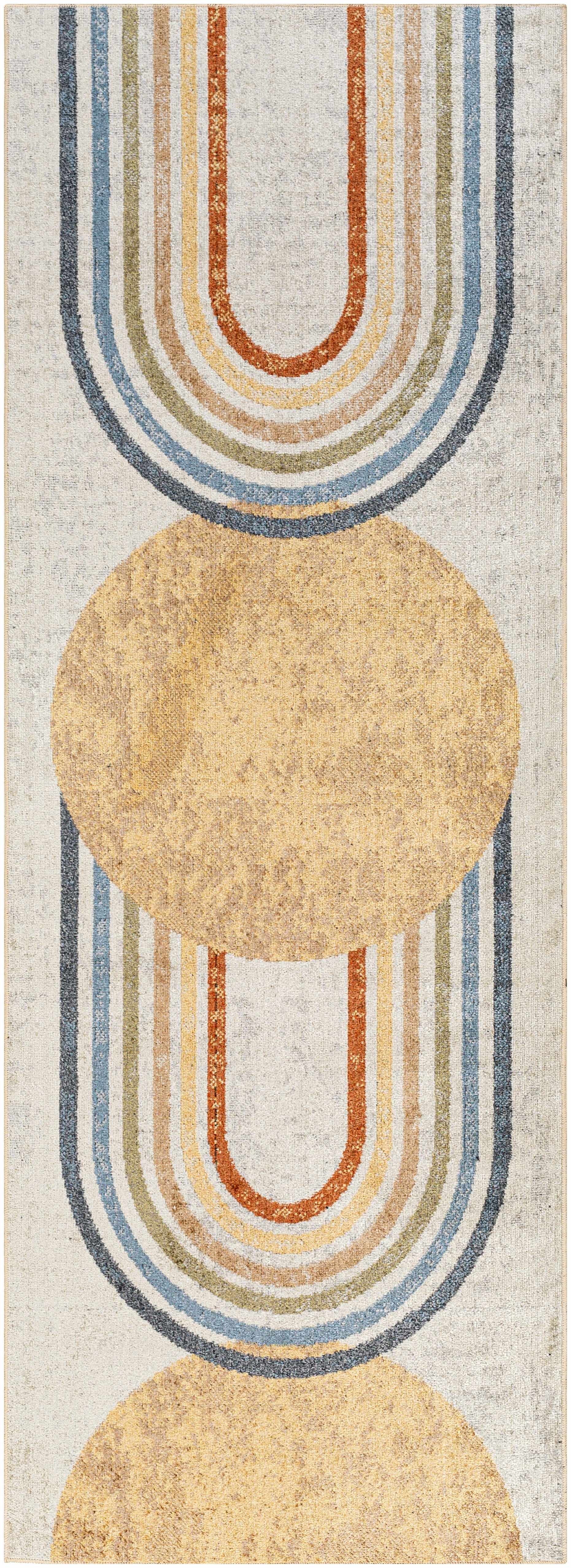 Giza Contemporary Washable Multicolor Rainbow Rug Runner with geometric design featuring concentric circles in beige, brown, and blue on a beige background