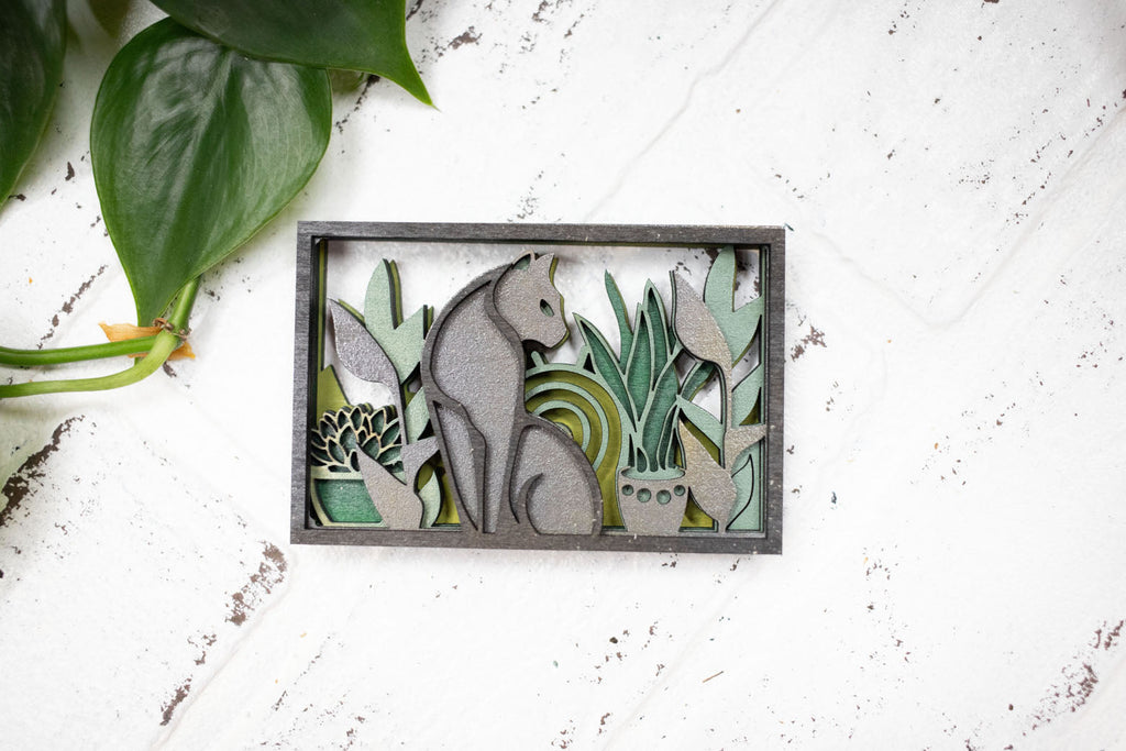 Laser Cut Cat with Plants, Animal 3D Diorama, Handmade  Scene, Cat Animal Decor-0