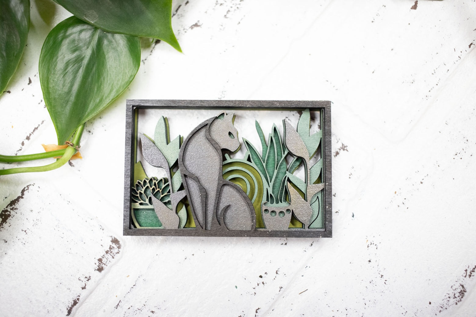 Laser Cut Cat with Plants, Animal 3D Diorama, Handmade  Scene, Cat Animal Decor-1