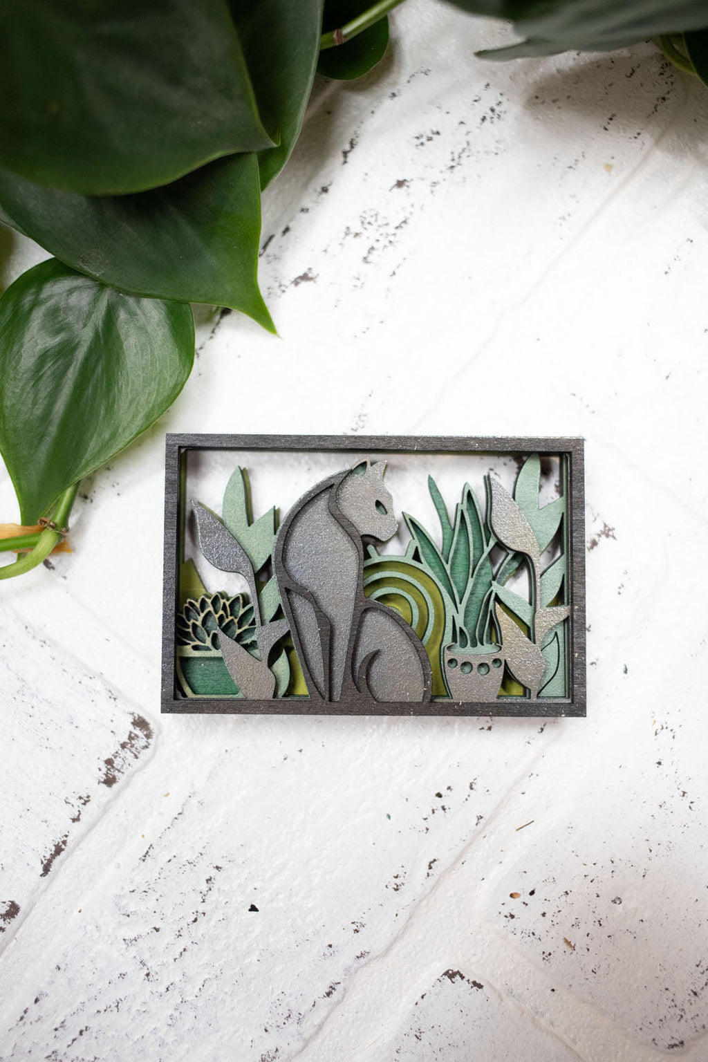Laser Cut Cat with Plants, Animal 3D Diorama, Handmade  Scene, Cat Animal Decor-2
