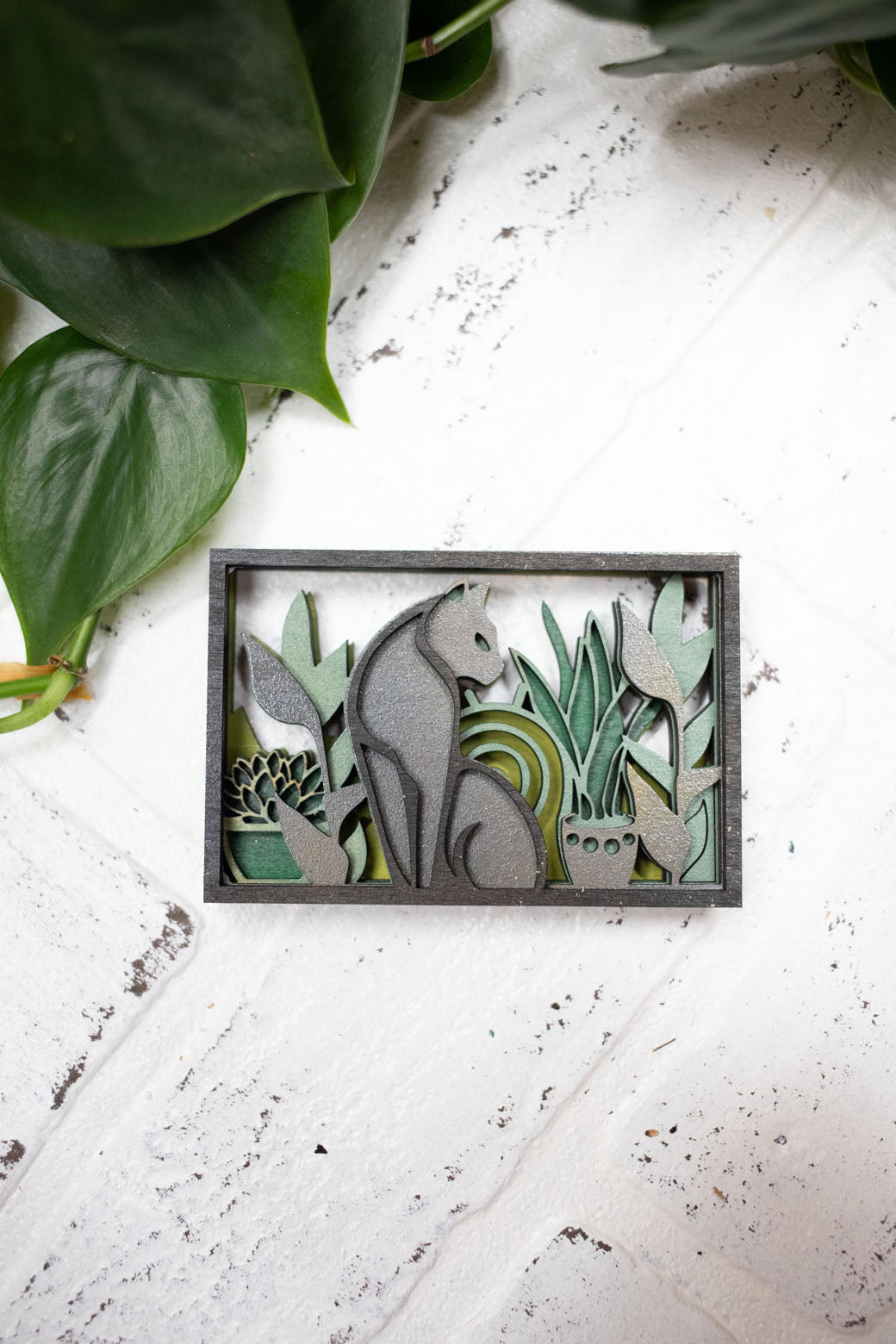 Laser Cut Cat with Plants, Animal 3D Diorama, Handmade  Scene, Cat Animal Decor-2