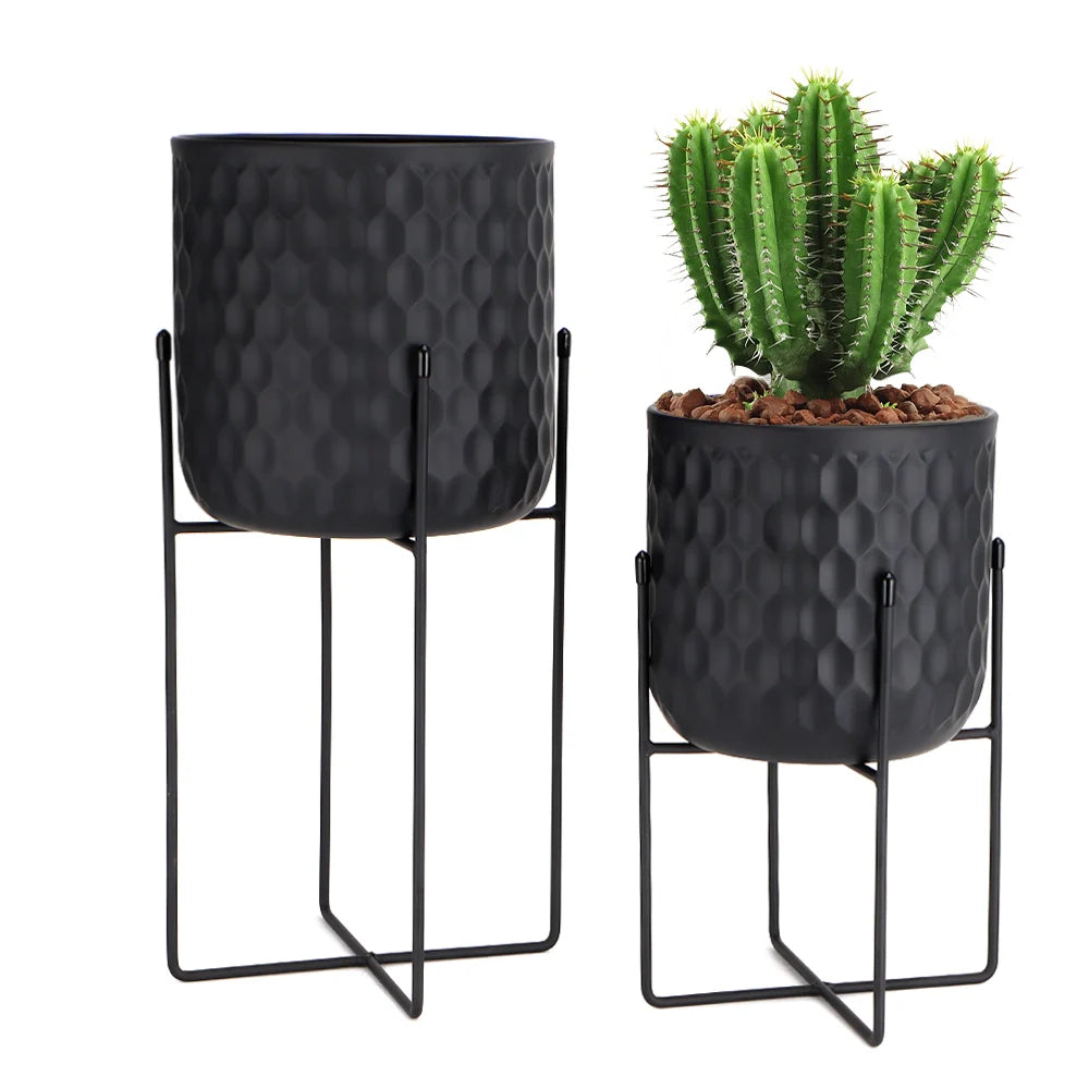 Set of 2 12"&18" H Tall Metal Flower Pot With Stand (Black)-4