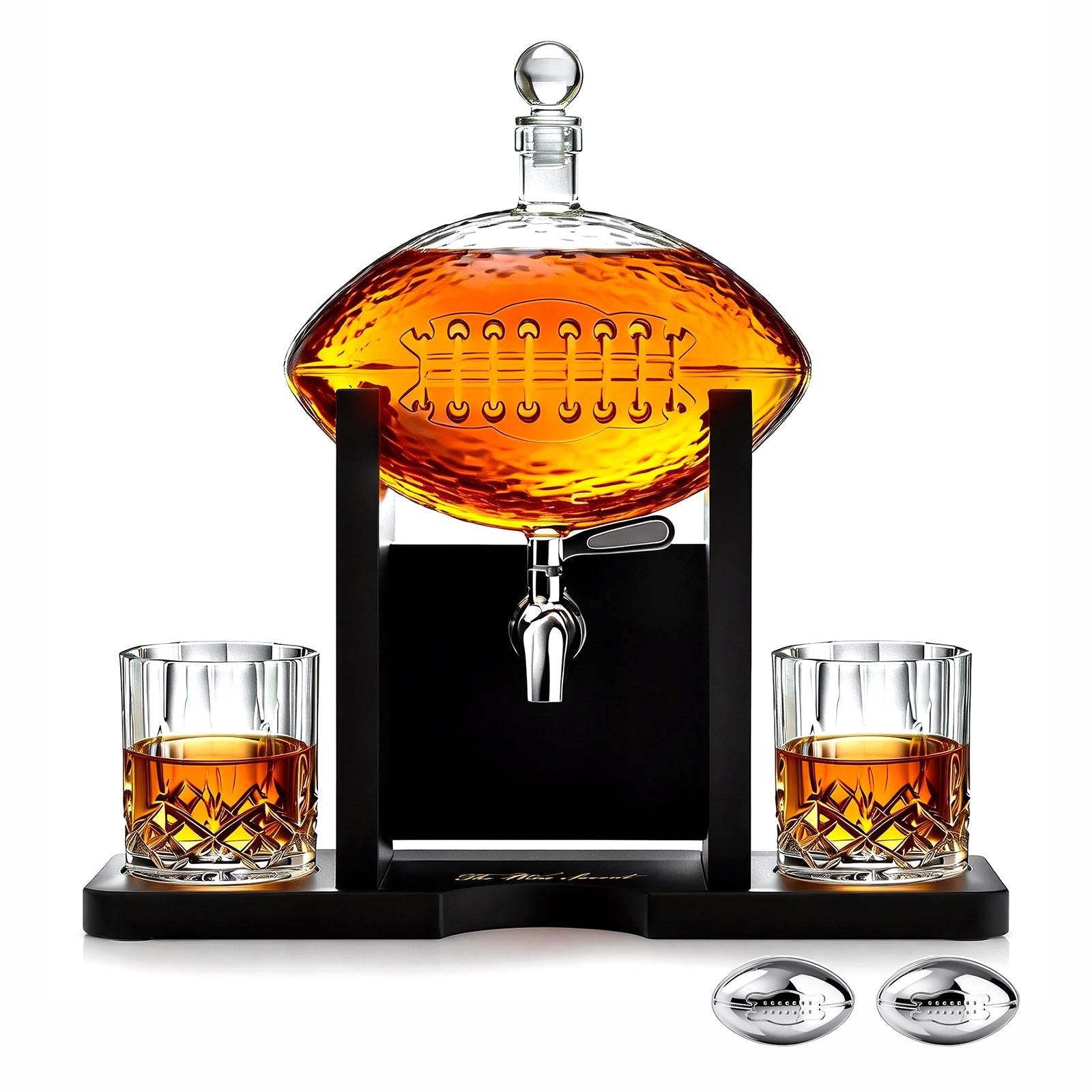 Football Decanter with 2 Whiskey & Wine Glasses & Chillers-4