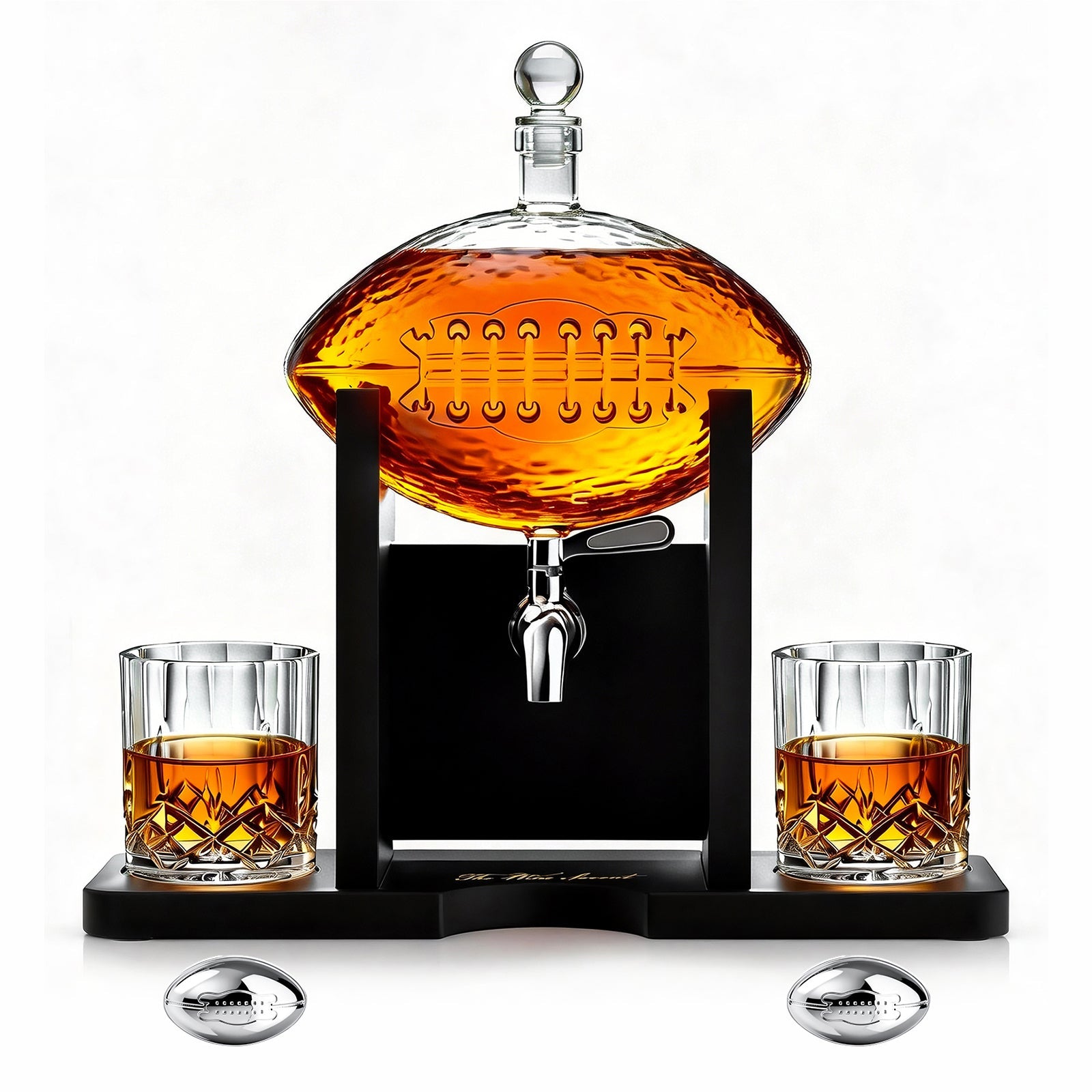 Football Decanter with 2 Whiskey & Wine Glasses & Chillers-2