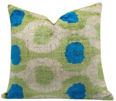 Vibrant 16x16 Handmade Ikat Silk Velvet Pillow with Premium Down Feather Insert by Canvello – Lively Green and Blue Hues