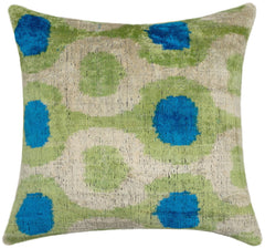 Vibrant 16x16 Handmade Ikat Silk Velvet Pillow with Premium Down Feather Insert by Canvello – Lively Green and Blue Hues