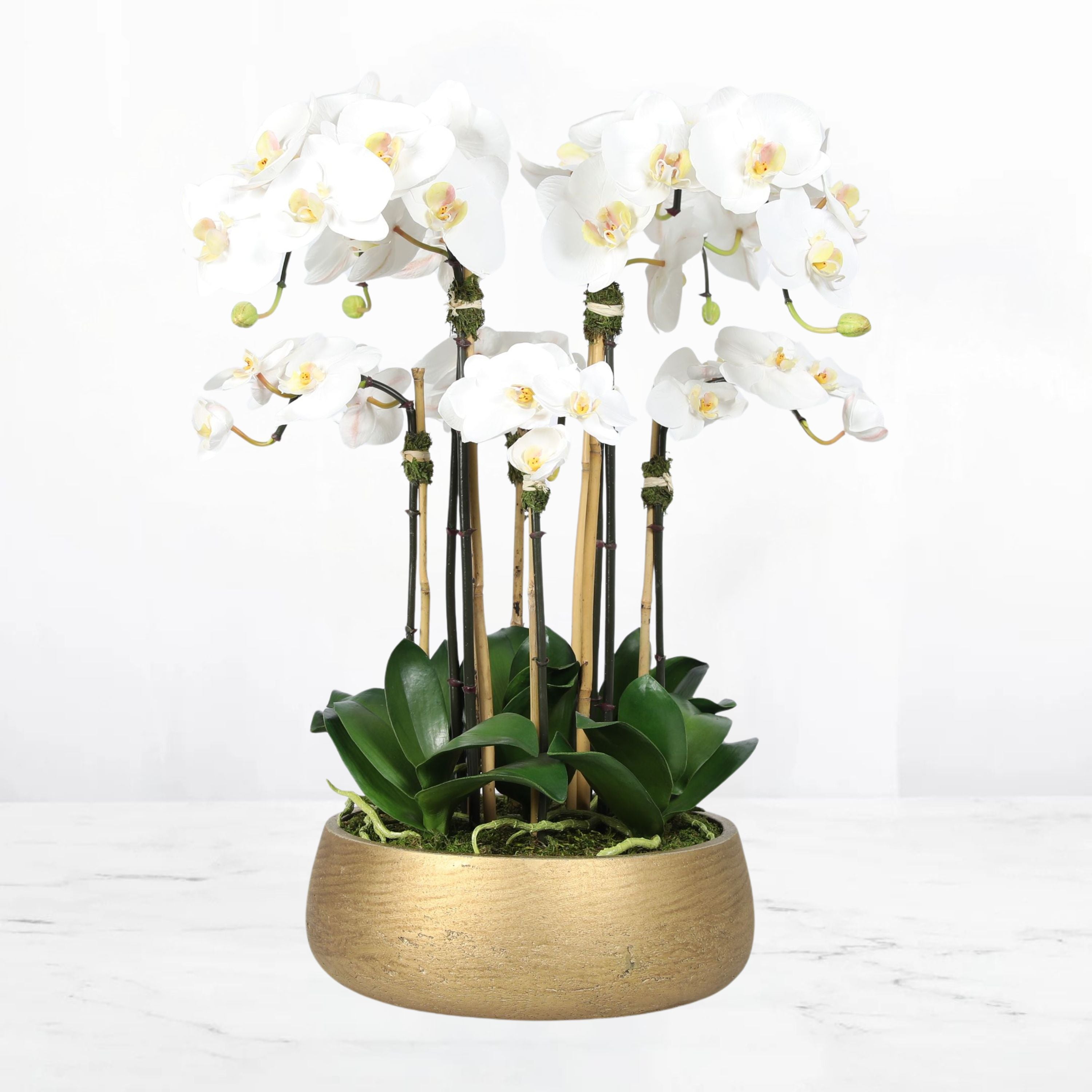 Faux Orchid Arrangement in Matte Gold Planter-1
