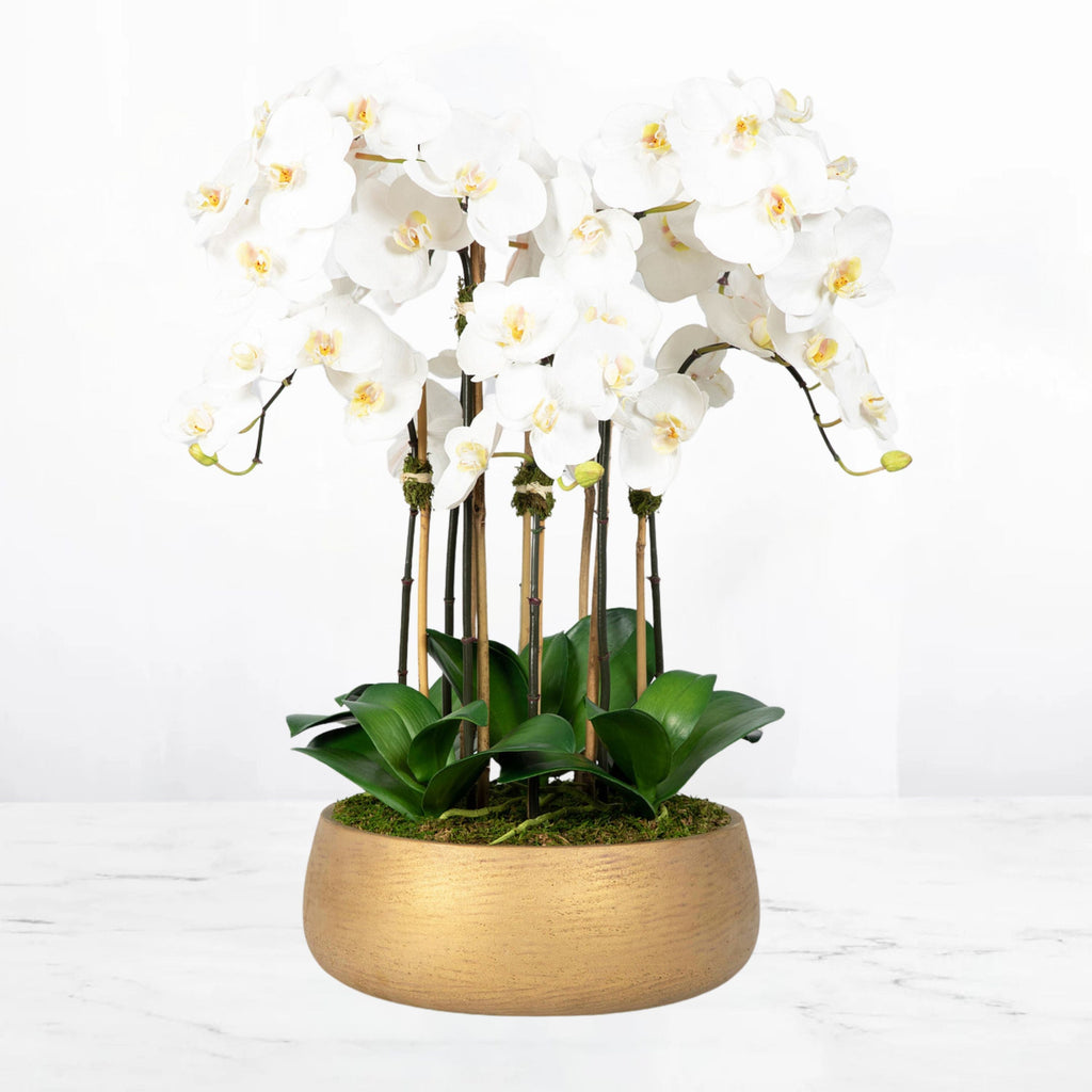 Faux Orchid Arrangement in Matte Gold Planter-0