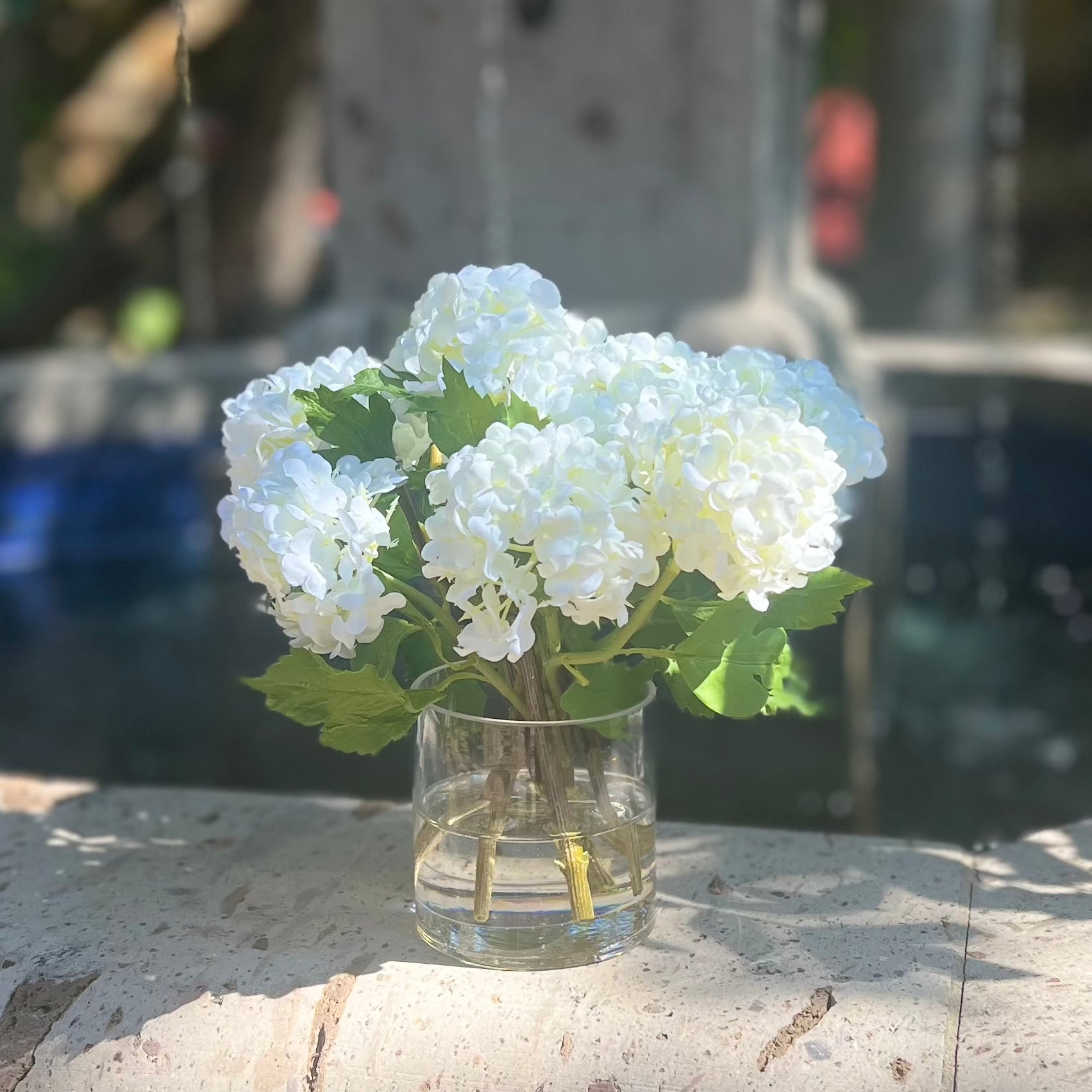 Real touch white hydrangea arrangement in glass vase - 8"-4